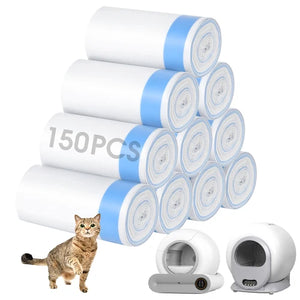 A set of 150 rolls of cat litter shown stacked in a pyramid, with a small tabby cat standing beside them and two white cat litter boxes at the bottom on a plain white background at Pet Servo