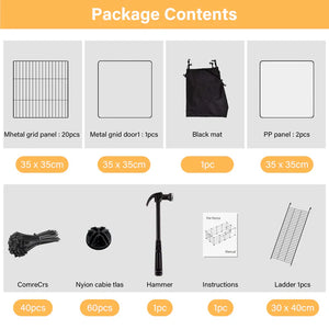 Package contents list with various items and their specifications on a gray background.