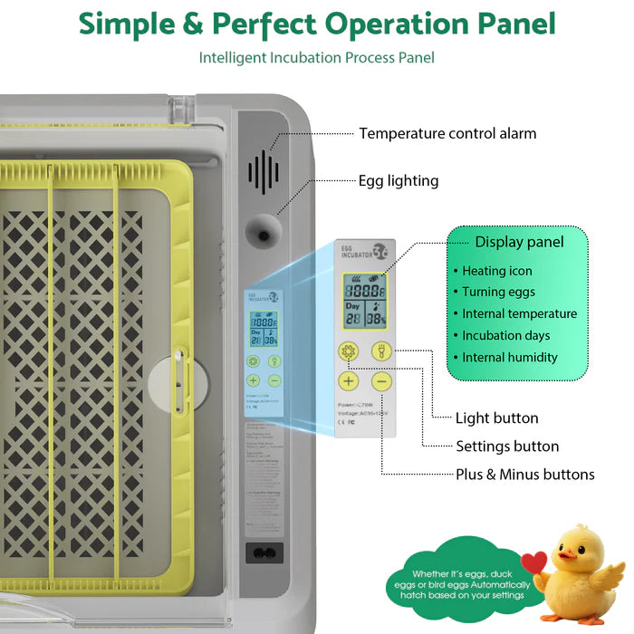 Incubator with digital control panel and features highlighted