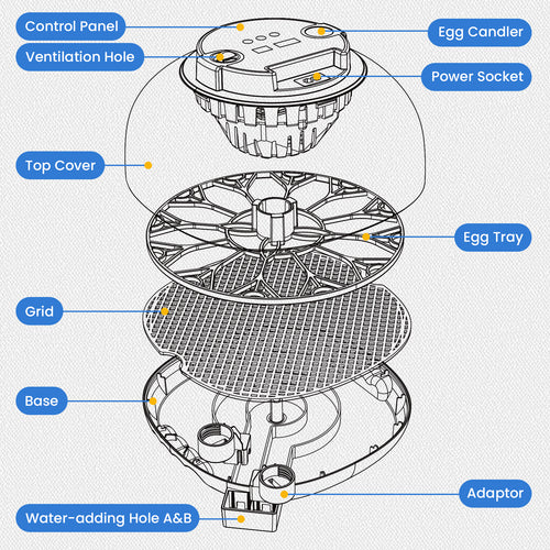 Diagram of an egg incubator with labeled parts on a light gray background at Pet Servo
