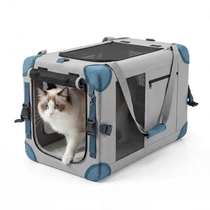 Cat in a gray and blue pet carrier on a white background at Pet Servo