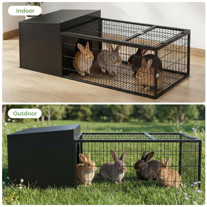 Two images of rabbits in a black wire cage, one indoor and one outdoor at Pet Servo