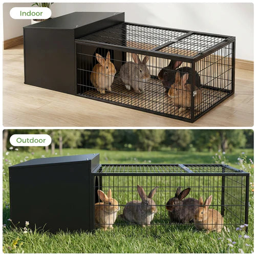 Two images of rabbits in a black wire cage, one indoor and one outdoor at Pet Servo