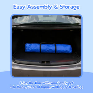 Blue pet bed in a car trunk with text about easy assembly and storage at Pet Servo