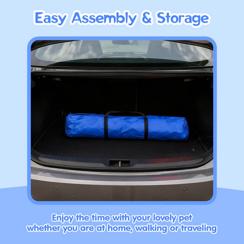 Blue pet bed in a car trunk with text about easy assembly and storage at Pet Servo