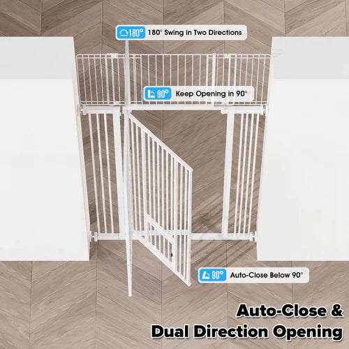 White baby gate with features highlighted on a wooden floor background at Pet Servo