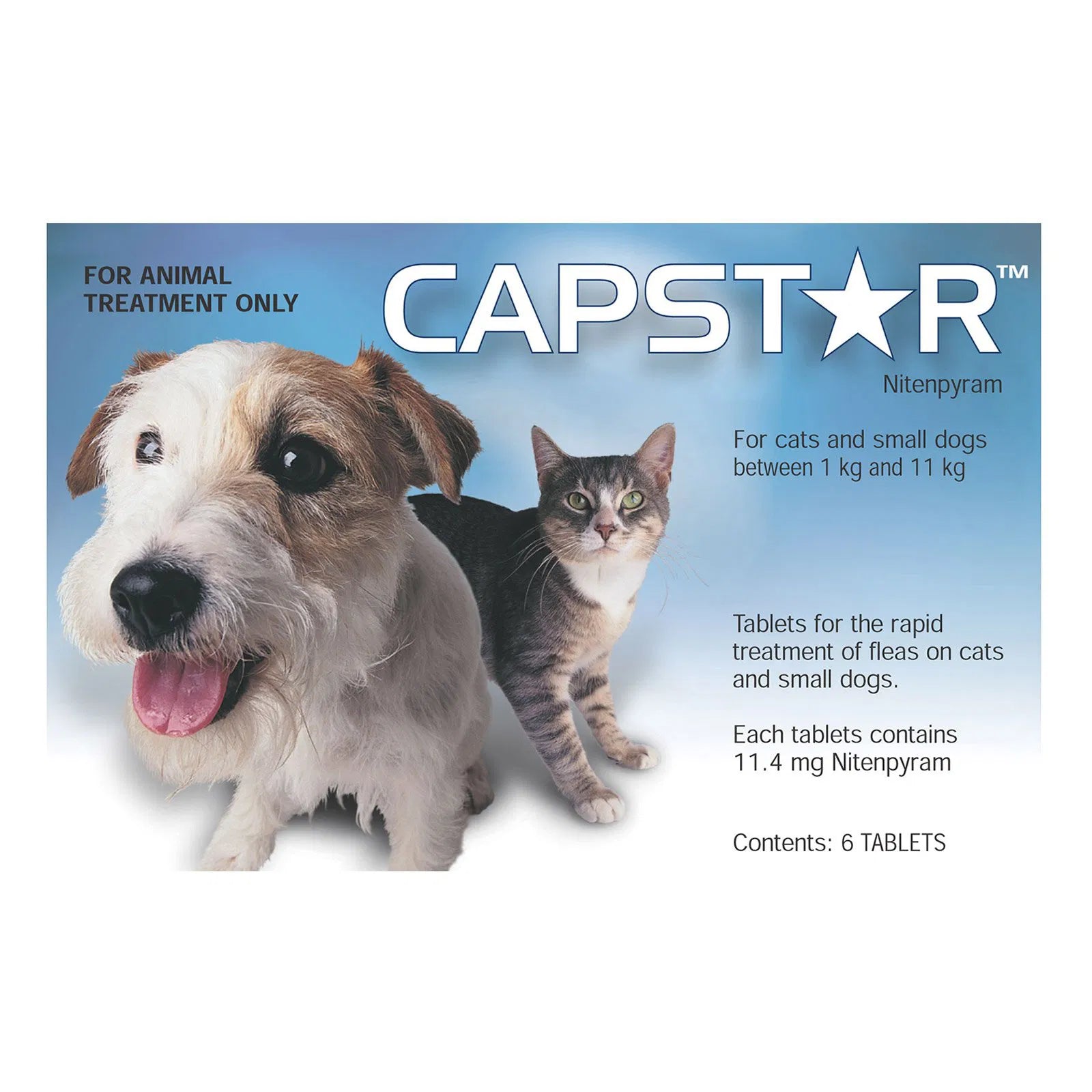 CAPSTAR veterinary product  6 tablets packaging with a dog and cat on a blue background at Pet Servo