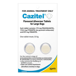 Cazitel Flavoured Allwormer Tablets for Large Dogs packaging on a white background at Pet Servo