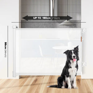 Dog standing next to a baby gate with dimensions indicated at Pet Servo