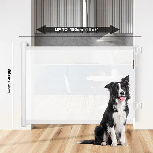 Dog standing next to a baby gate with dimensions indicated at Pet Servo