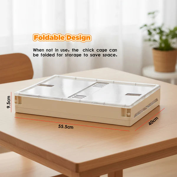 Foldable chick cage on a table with dimensions and text about foldable design.