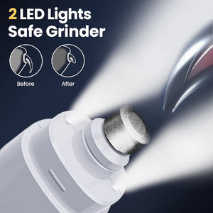 Safe grinder with LED lights showing 'Before' and 'After' effects on a dark background at Pet Servo