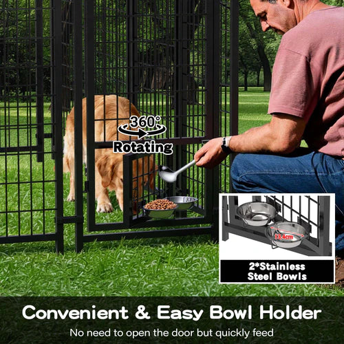 Dog being fed from a bowl holder attached to a dog crate with a man feeding the dog at Pet Servo