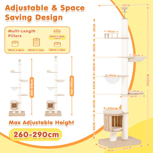 Cat tree with adjustable height features and measurement details on a yellow background at Pet Servo