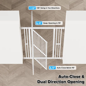White metal double cabinet door safety gate with dual-direction swing and auto-close feature, shown installed between two white cabinets on a wood-look floor with feature callout text overlays at PET SERVO