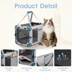 Cat sitting on a pet carrier with features highlighted on a white background at Pet Servo