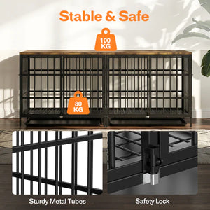 Dog crate with stability and safety features highlighted, including metal tubes and a safety lock at Pet Servo