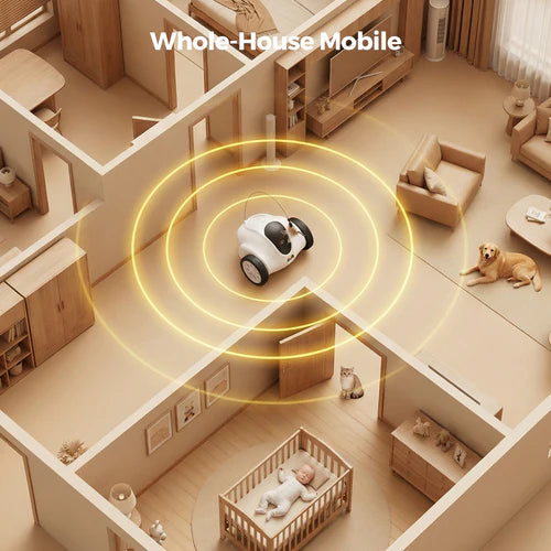 Smart robot in a home setting with 'Whole-House Mobile' branding at Pet Servo