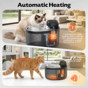 Automatic pet water bowl with heating feature in a living room setting at Pet Servo