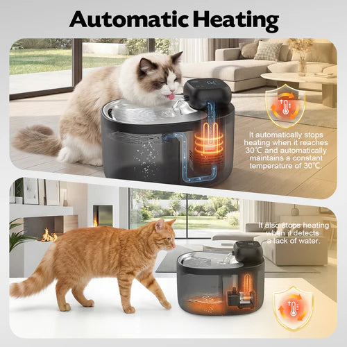 Automatic pet water bowl with heating feature in a living room setting at Pet Servo