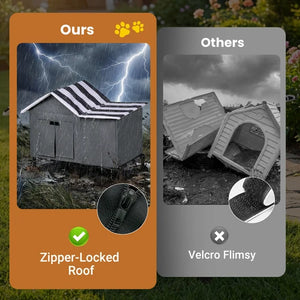A promotional comparison graphic for a dog house. The left panel, labeled 'Ours', shows an orange card with a photo of a gray dog house with a striped roof and a circular inset showing a zipper detail, plus the text 'Zipper-Locked Roof' and a paw print icon at Pet Servo