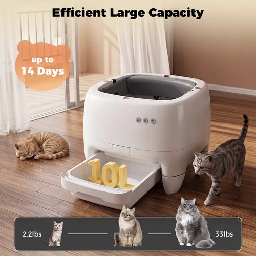 A large white automatic cat feeder and waterer with a sliding tray, shown in a home setting with three cats around it. Text at the top reads 'Efficient Large Capacity' and 'up to 14 Days', and a bottom panel shows weight markings for different cat sizes at Pet Servo