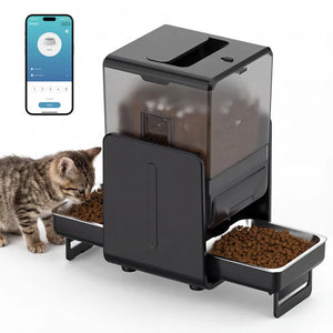 Pet feeder with a kitten and smartphone displaying an app interface on a white background at Pet Servo
