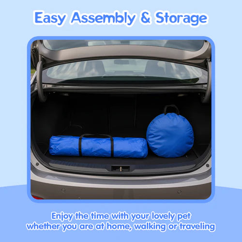 Trunk of a car with blue pet supplies and text about easy assembly and storage at Pet Servo