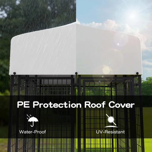 PE Protection Roof Cover on a bird cage with rain and sun icons indicating waterproof and UV-resistant properties at Pet Servo