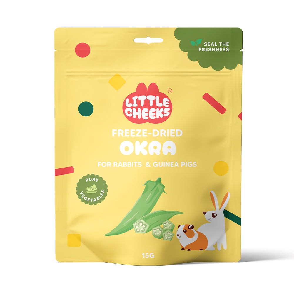 Yellow package of Little Cheeks freeze-dried okra for rabbits and guinea pigs on a white background at Petservo