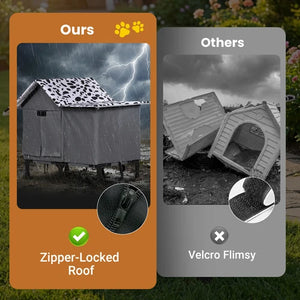 A promotional comparison graphic for a dog coop roof. The left panel, labeled 'Ours', shows a gray coop with a patterned zipper-lock roof under stormy lightning, plus a circular inset of the zipper detail at Pet Servo