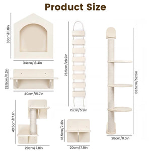 Product size diagram showing multiple cream-colored cat tree accessories with labeled dimensions on a white background, including a house-shaped window, shelf, ladder, perch, and tall tower at Pet Servo
