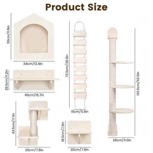 Product size diagram showing multiple cream-colored cat tree accessories with labeled dimensions on a white background, including a house-shaped window, shelf, ladder, perch, and tall tower at Pet Servo