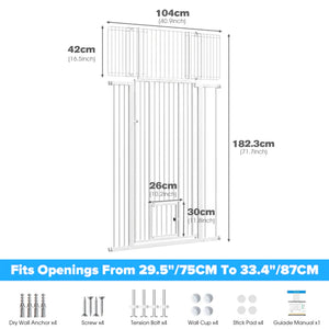 Dimensions of a white metal gate with measurement labels on a white background at Pet Servo