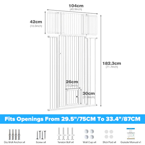 Dimensions of a white metal gate with measurement labels on a white background at Pet Servo