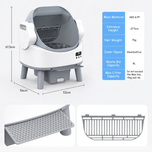 Automatic cat litter box shown with dimension labels and accessory views on a light gray background. The litter box is white and gray, with included ramp and litter tray shown below, and a blue text panel lists material, entrance height, net weight, inner space, waste bin capacity, and max litter capacity at Pet Servo