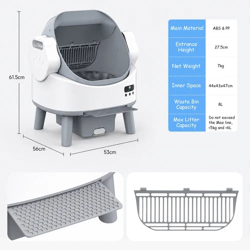 Automatic cat litter box shown with dimension labels and accessory views on a light gray background. The litter box is white and gray, with included ramp and litter tray shown below, and a blue text panel lists material, entrance height, net weight, inner space, waste bin capacity, and max litter capacity at Pet Servo