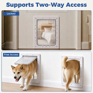 A pet door shown in a home setting with a Shiba Inu dog demonstrating both locked and free access modes. The top panel shows the door locked with a label 'Locked', and the bottom panel shows the dog walking through the open door with a label 'Free Access' at Pet Servo
