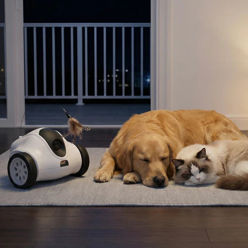 Dog and cat lying on a rug with a robot toy and feather toy nearby at Pet Servo