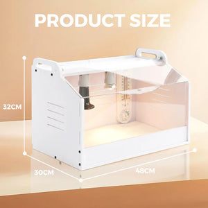 White pet carrier with dimensions on a beige background at Pet Servo