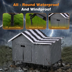 A gray round dog kennel with a black and white striped roof, shown in a stormy outdoor scene with rain, lightning, and text overlays highlighting waterproof and windproof features at Pet Servo