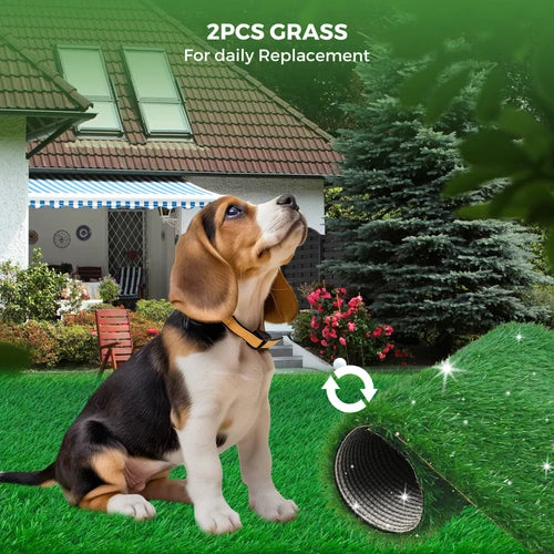 A beagle puppy wearing a tan collar sits in a landscaped yard while grass replacement rolls are shown at the bottom right, with text reading '2PCS GRASS For daily Replacement' at Pet Servo