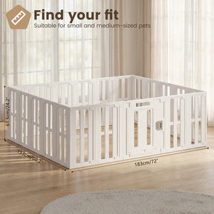 White pet playpen with dimensions on a wooden floor and curtain background at Pet Servo