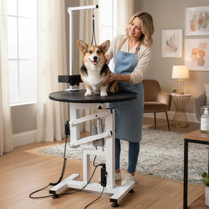 Woman grooming a dog on a pet grooming table in a home setting at Pet Servo