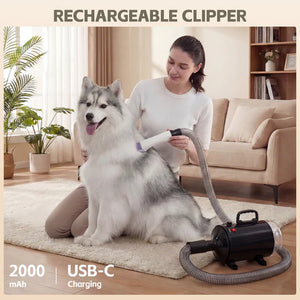 Woman using a rechargeable pet grooming clipper on a dog in a living room at Pet Servo