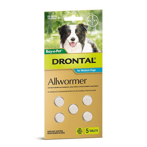 Drontal allwormer packaging for medium dogs with a dog on the label.
