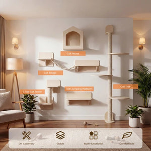 A wall-mounted cat furniture set in a styled living room, including a cat house, cat bridge, cat jumping platform, 2-tier cat tower, and tall cat tree. The set is shown mounted on a white wall with warm lighting, plants, and furniture in the room at Pet Servo