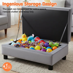 Gray storage ottoman with toys inside, labeled 'Ingenious Storage Design' at Pet Servo