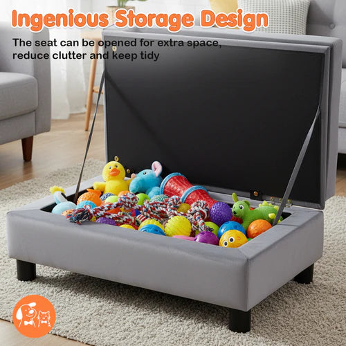Gray storage ottoman with toys inside, labeled 'Ingenious Storage Design' at Pet Servo