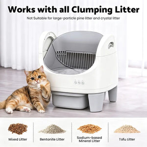 A white and gray automatic cat litter box shown on a light floor in front of a white curtain, with a tabby cat sitting beside it. Large text at the top says it works with all clumping litter and is not suitable for large-particle pine litter and crystal litter at Pet Servo